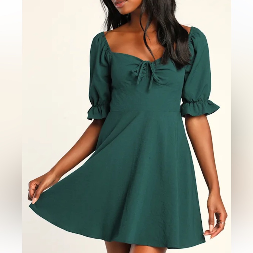 Lulu's Elsie Emerald Green Midi Dress with Puff Sleeves Zip and Toe Front Size L